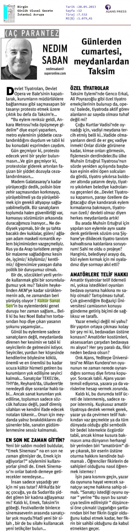 G&Uuml;NLERDEN CUMARTESİ, MEYDANLARDAN TAKSİM.