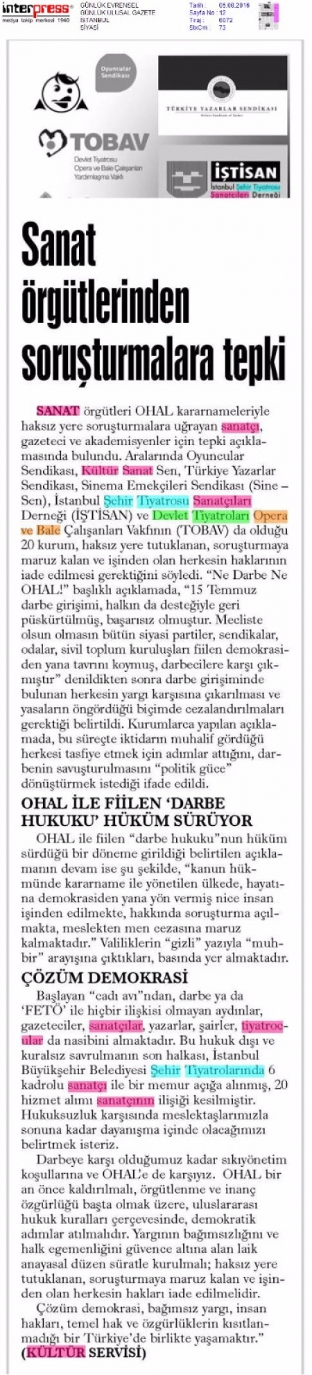 05.08.2016 Evrensel Gazetesi