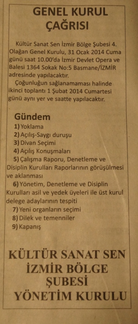 İZMİR B&Ouml;LGE ŞUBEMİZ 4. OLAĞAN GENEL KURUL İLANI...