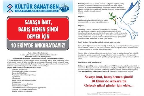 SAVAŞA İNAT, BARIŞ HEMEN ŞİMDİ DEMEK İ&Ccedil;İN 10 EKİMDE ANKARA&rsquo;DAYIZ!  